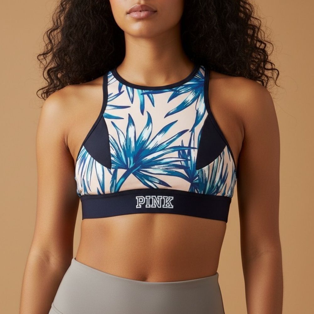 Victoria’s Secret PINK Ultimate Sports Bra Blue Palm Print Size Small